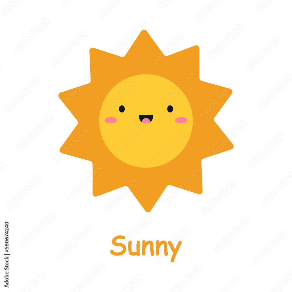 Card with weather elements. Cute cartoon sun. Children's cards for learning. Vector illustration.