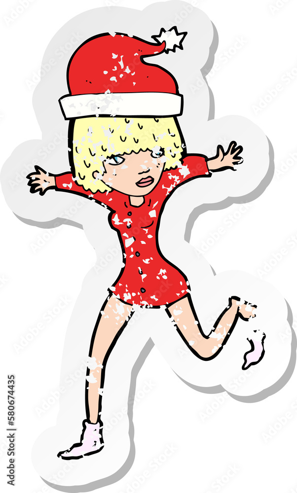 retro distressed sticker of a cartoon woman excited for christmas retro distressed sticker of a cartoon woman excited for christmas