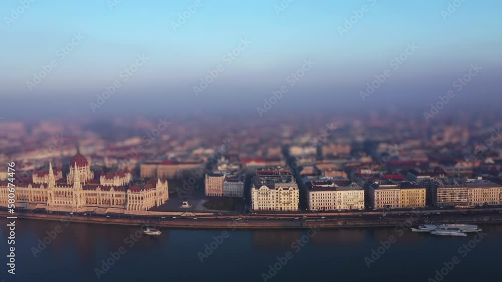 Aerial View Embankment of Budapest, Tilt Shift Lens Aerial View Embankment of Budapest, Tilt Shift Lens