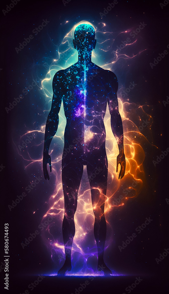 Astral body silhouette with abstract space background. Esoteric, spiritual life and meditation concept. Afterlife and connection with other worlds. Generative AI.