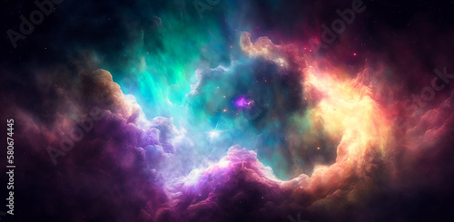 Colorful cosmos full of stars and piercing light. Background with galaxy and nebula. Cloudy clouds. Backdrop for your desktop or wallpaper. Graphic design illustration. Generative AI.