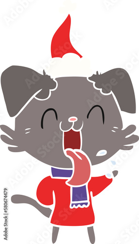 flat color illustration of a panting dog wearing santa hat © lineartestpilot