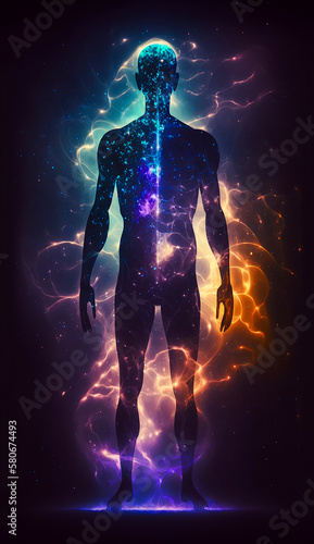 Astral body silhouette with abstract space background. Esoteric, spiritual life and meditation concept. Afterlife and connection with other worlds. Generative AI. © pawczar