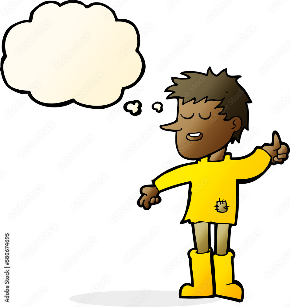 cartoon poor boy with positive attitude with thought bubble cartoon poor boy with positive attitude with thought bubble
