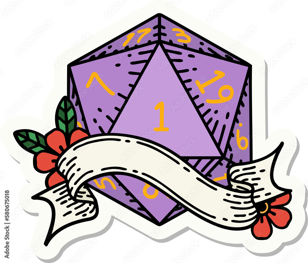 natural one d20 dice roll sticker