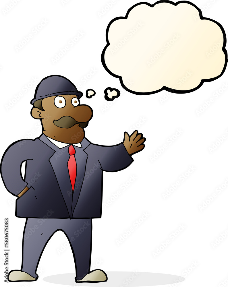 cartoon sensible business man in bowler hat with thought bubble cartoon sensible business man in bowler hat with thought bubble