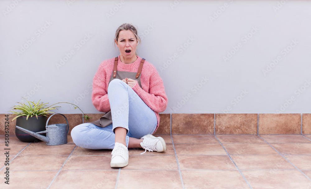 feeling terrified and shocked, with mouth wide open in surprise. gardering concept feeling terrified and shocked, with mouth wide open in surprise. gardering concept