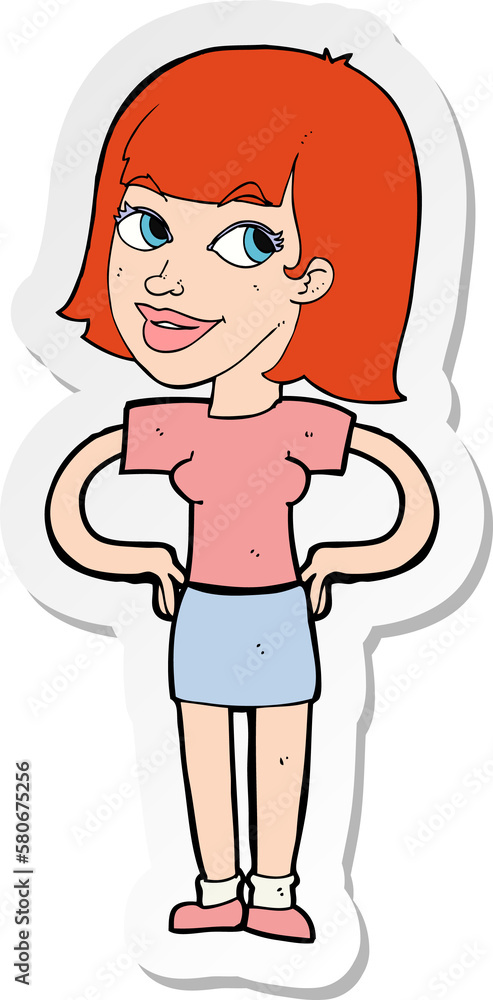 sticker of a cartoon happy woman with hands on hips sticker of a cartoon happy woman with hands on hips