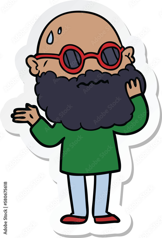 sticker of a cartoon worried man with beard and sunglasses