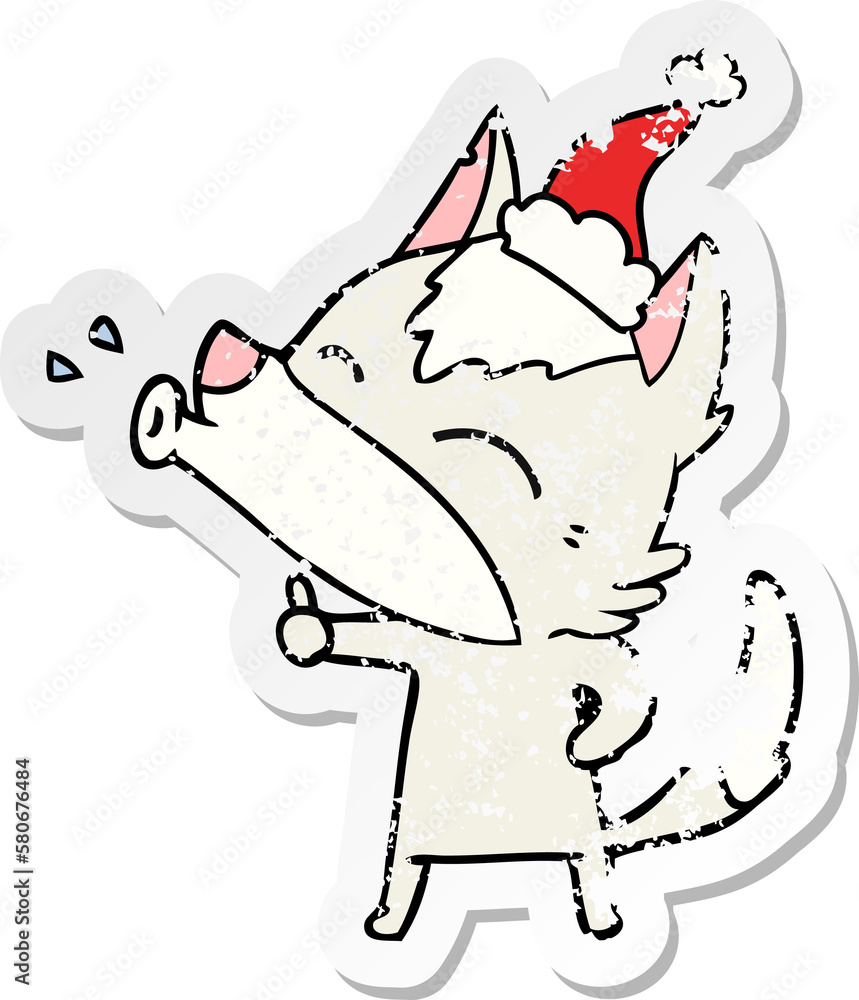 howling wolf distressed sticker cartoon of a wearing santa hat howling wolf distressed sticker cartoon of a wearing santa hat