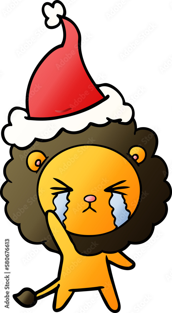 Fototapeta premium gradient cartoon of a crying lion wearing santa hat