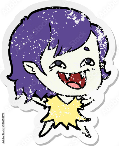 distressed sticker of a cartoon laughing vampire girl