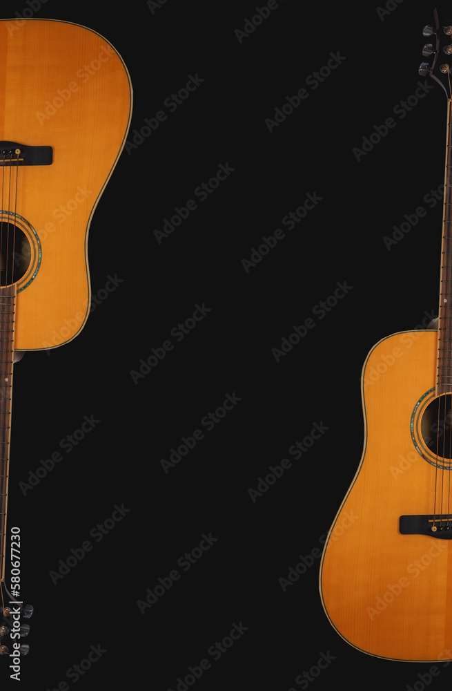 Naklejka premium wooden guitar natural view, sea, setting sun Musical nature, wooden floors, travel, views, musical instruments, conveying music and nature.
