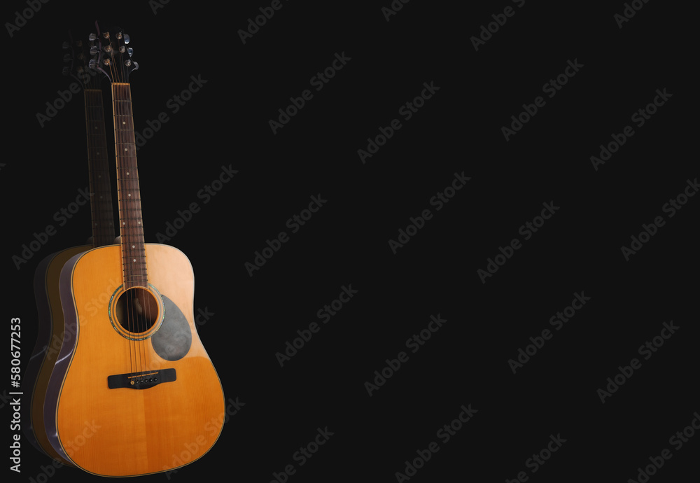 wooden guitar natural view, sea, setting sun Musical nature, wooden floors, travel, views, musical instruments, conveying music and nature.