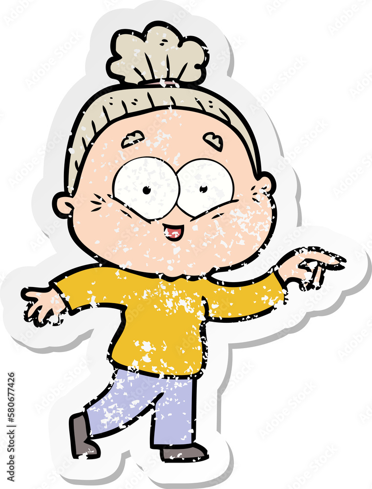 distressed sticker of a cartoon happy old woman distressed sticker of a cartoon happy old woman