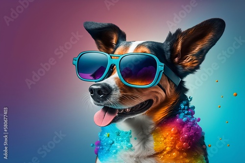 Sunglasses-Wearing Pup Brings the Fun with a Lively and Colorful Background  image generated with artificial intelligence