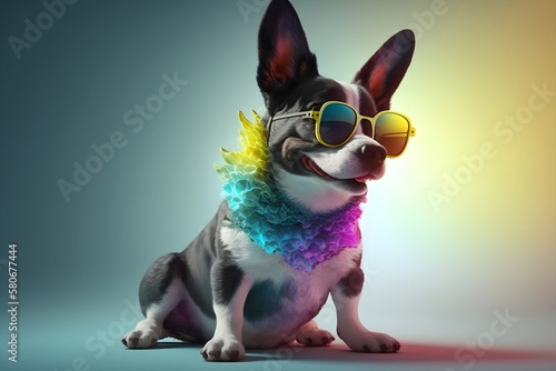 Sunglasses-Wearing Pup Brings the Fun with a Lively and Colorful Background, image generated with artificial intelligence photo