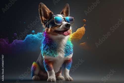 Sunglasses-Wearing Pup Brings the Fun with a Lively and Colorful Background  image generated with artificial intelligence