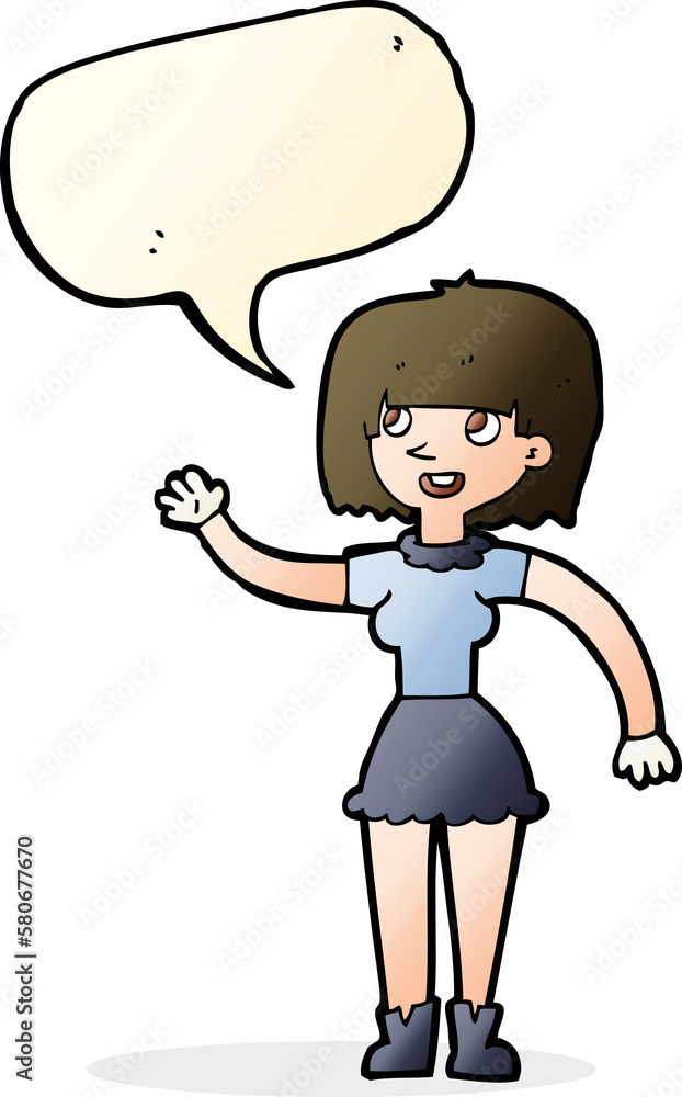 cartoon girl waving with speech bubble cartoon girl waving with speech bubble