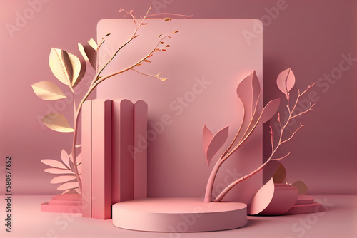 3D display podium background. Pastel beige with pedestal pastel color stand. Nature green leaf. Beauty  cosmetic product mockup. Beauty cosmetic  nature dry autumn leaf. generative ai