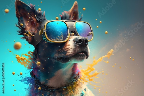 Sunglasses-Wearing Pup Brings the Fun with a Lively and Colorful Background, image generated with artificial intelligence