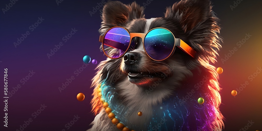 Sunglasses-Wearing Pup Brings the Fun with a Lively and Colorful Background, image generated with artificial intelligence