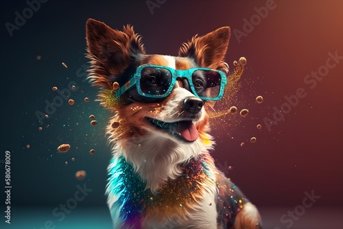 Sunglasses-Wearing Pup Brings the Fun with a Lively and Colorful Background  image generated with artificial intelligence