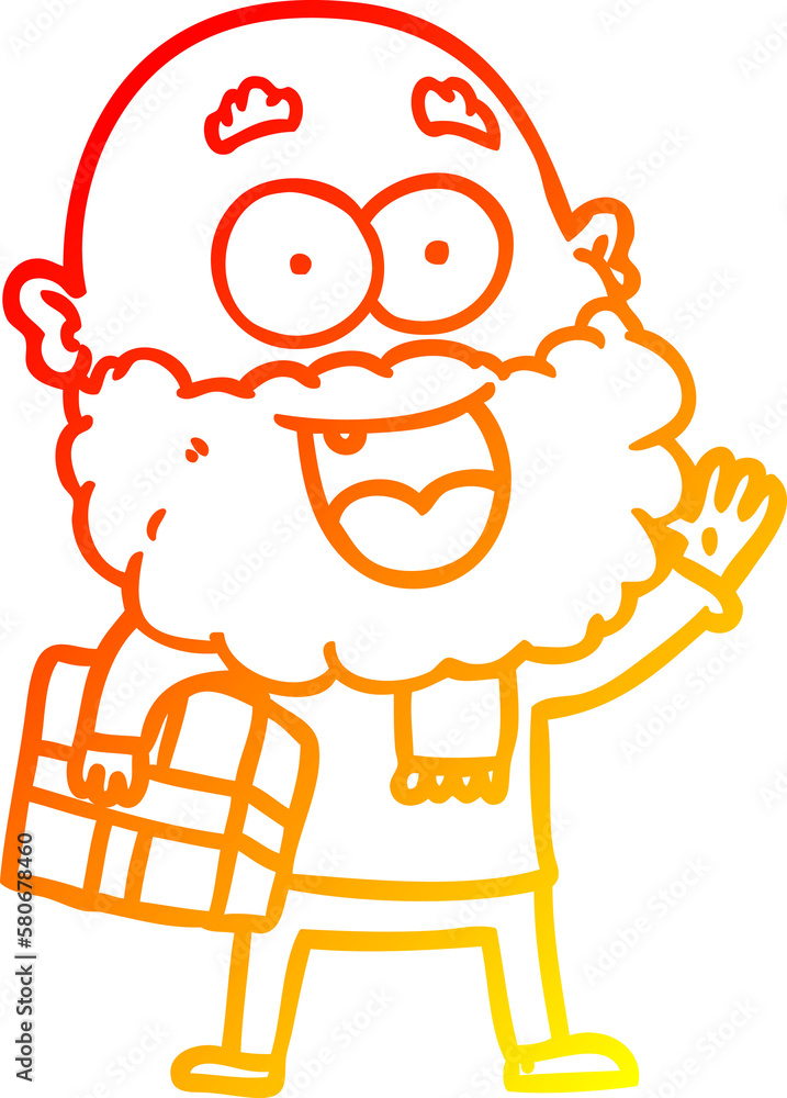 warm gradient line drawing cartoon crazy happy man with beard and gift under arm warm gradient line drawing cartoon crazy happy man with beard and gift under arm