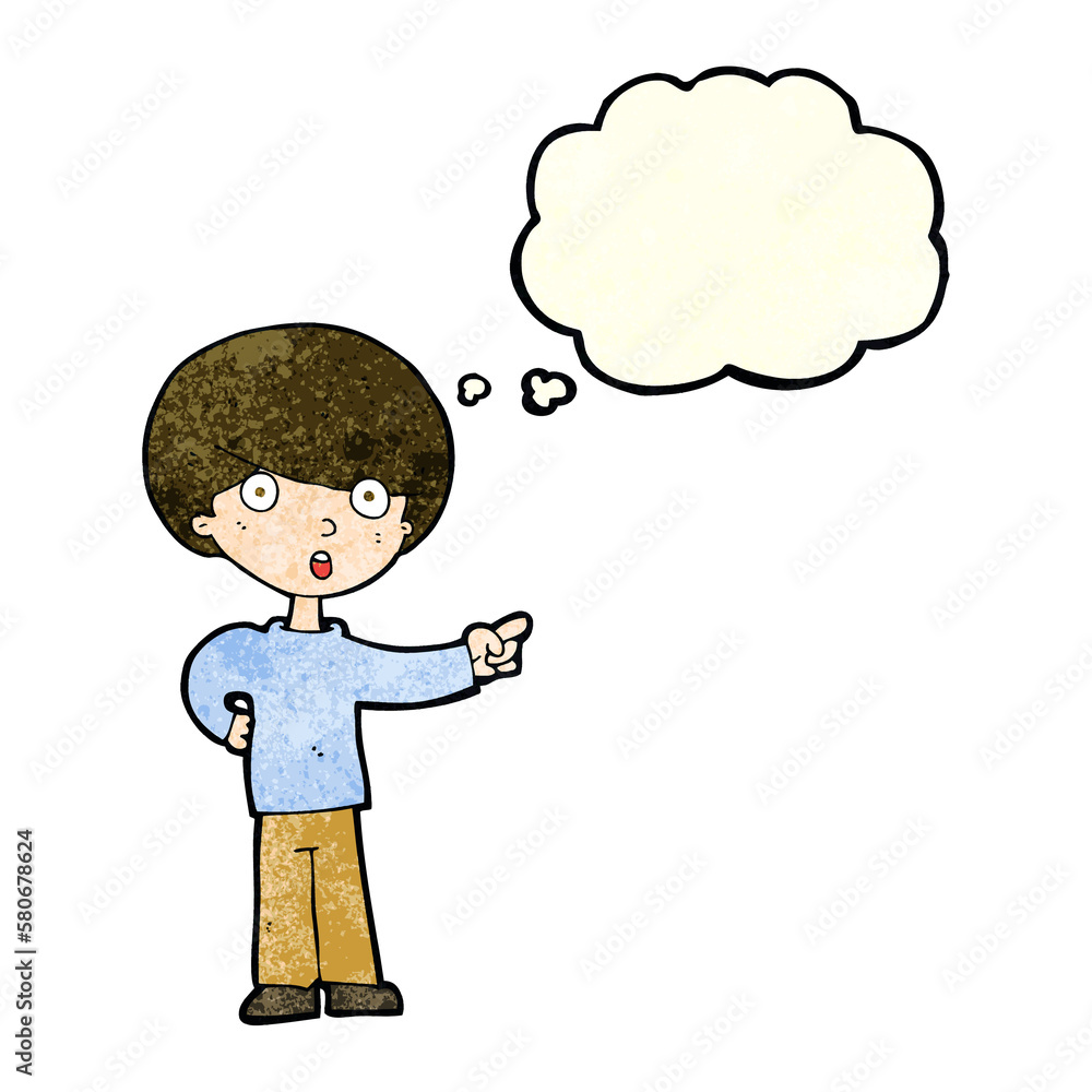 cartoon pointing boy with thought bubble cartoon pointing boy with thought bubble