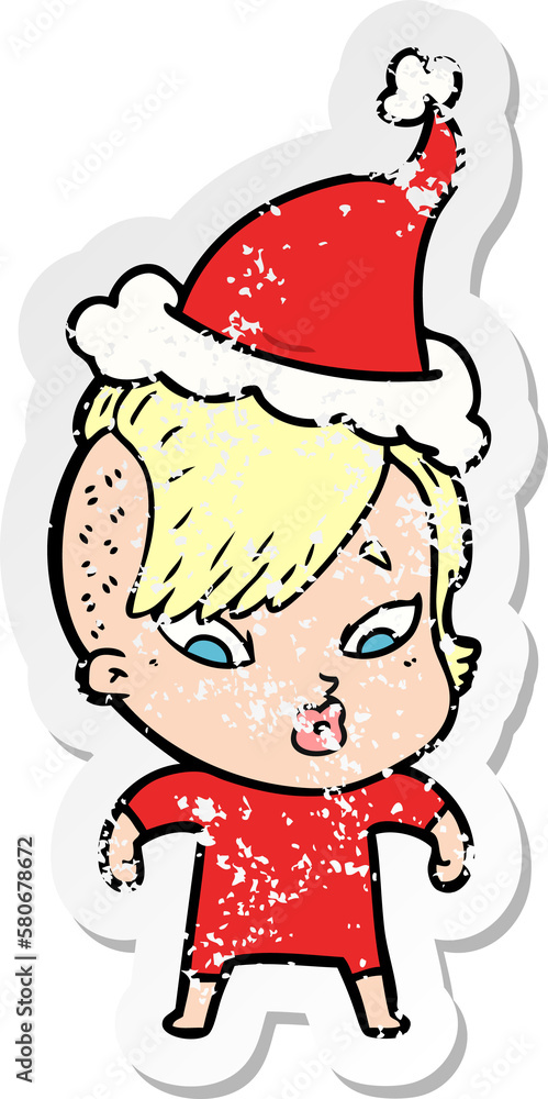 distressed sticker cartoon of a surprised girl wearing santa hat distressed sticker cartoon of a surprised girl wearing santa hat