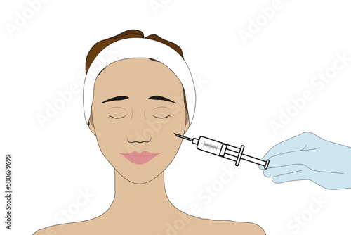 A girl's face in a hairband and a cosmetologist's hand with a syringe. Vector illustration