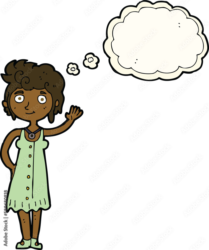 cartoon hippie woman waving with thought bubble cartoon hippie woman waving with thought bubble