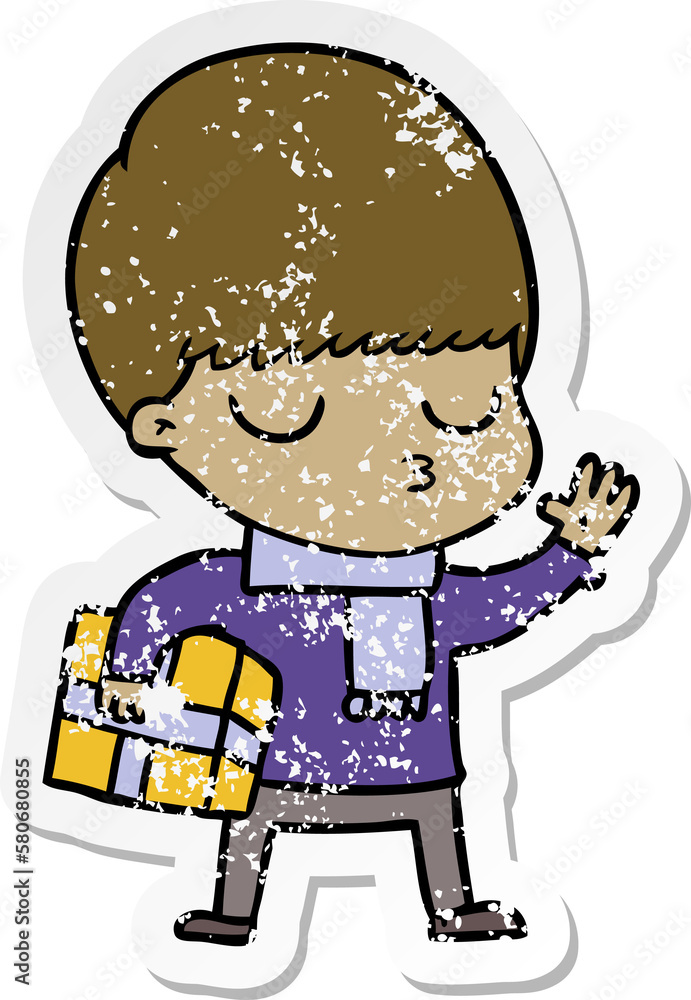 distressed sticker of a cartoon calm boy distressed sticker of a cartoon calm boy
