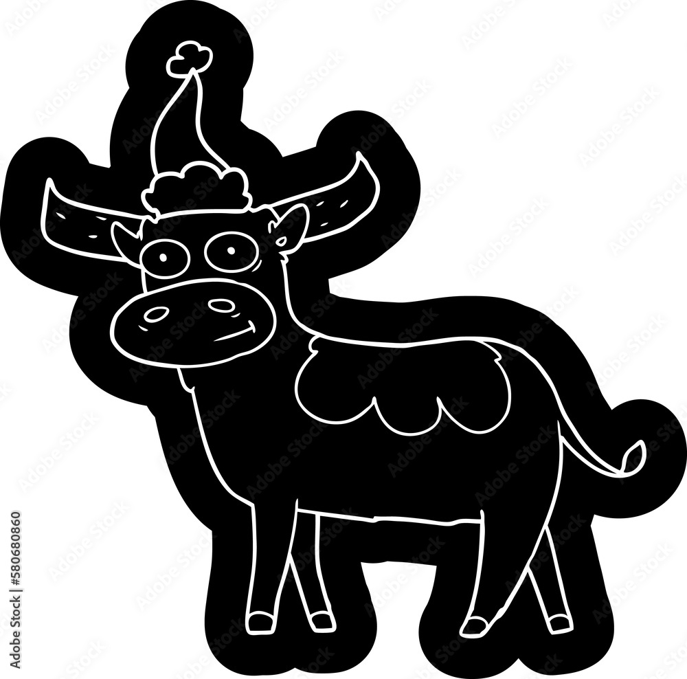 cartoon icon of a bull wearing santa hat