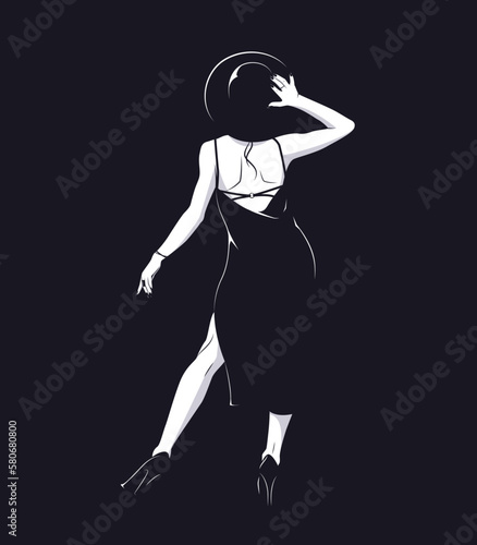 Noir style silhouette of beauty woman posing in high heels, big hat and dress. View from the back.