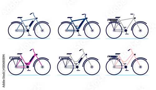 Electric bike vectors set - Collection of various bikes for men and women in side view flat design and white background