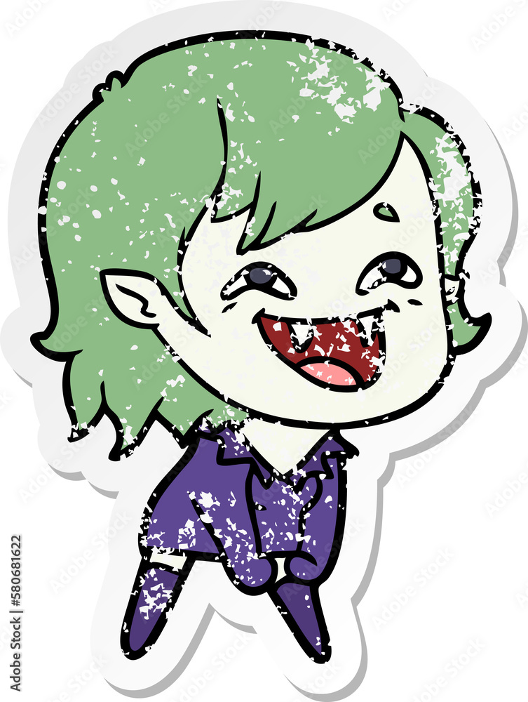 distressed sticker of a cartoon laughing vampire girl distressed sticker of a cartoon laughing vampire girl