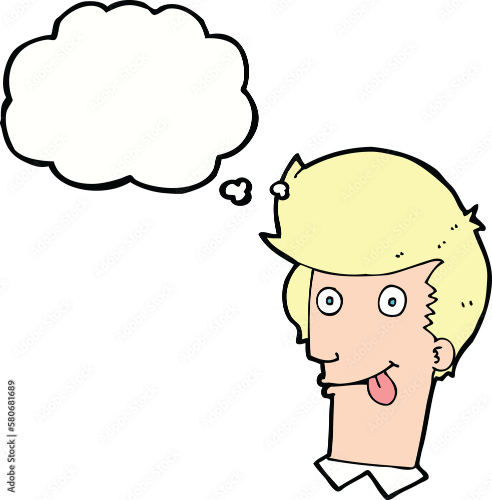 cartoon man with tongue hanging out with thought bubble