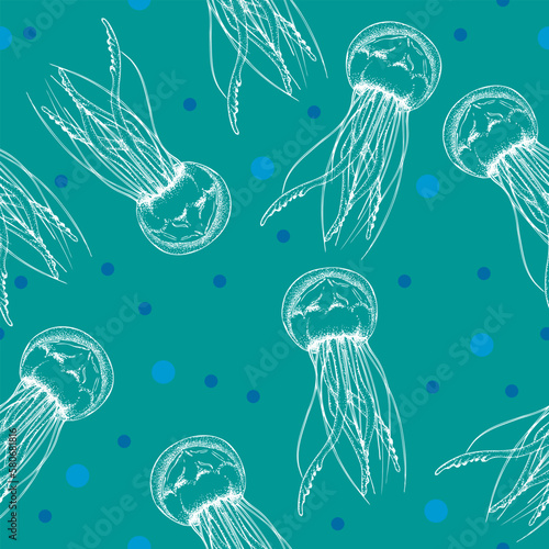 Seamless pattern with jellyfish on a light blue background. Seamless pattern for paper, textile.

