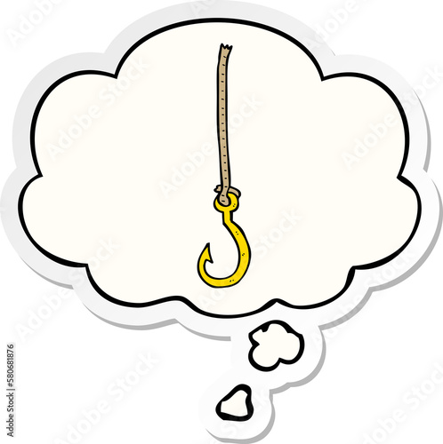 cartoon fish hook and thought bubble as a printed sticker