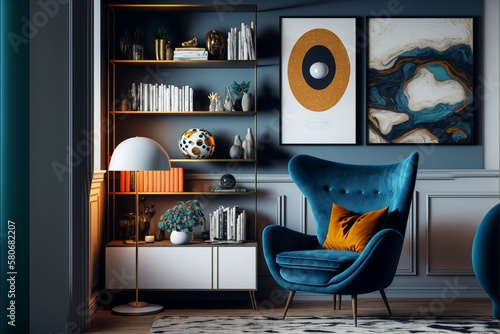 Stylish interior of living room with design leather armchair, wide and cross angle, carpet decor in home decor