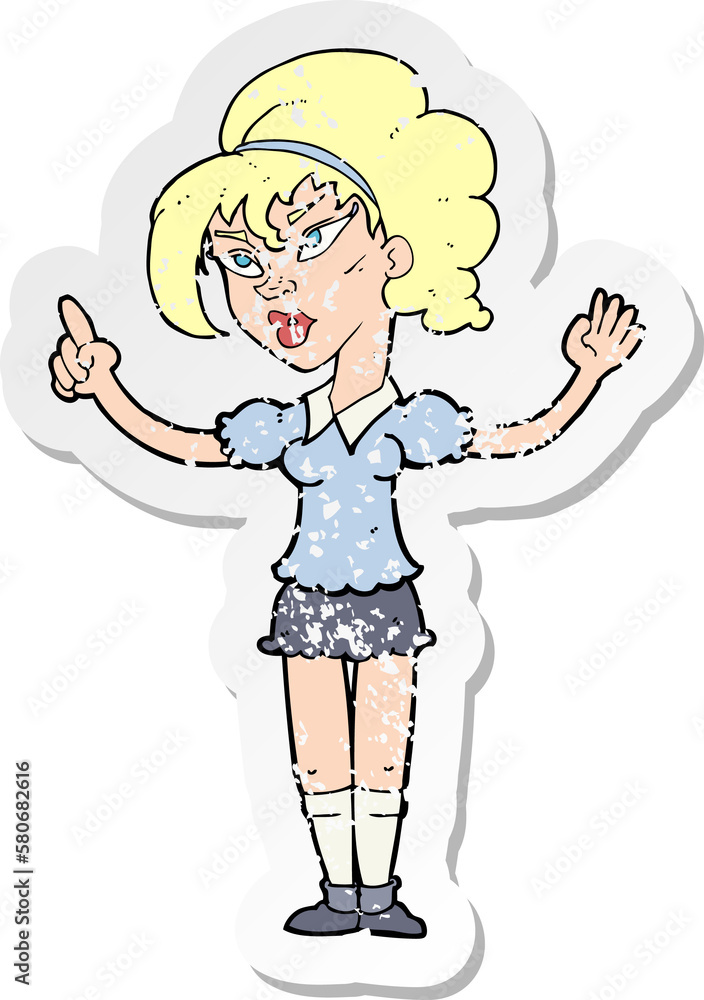 retro distressed sticker of a cartoon woman with idea retro distressed sticker of a cartoon woman with idea