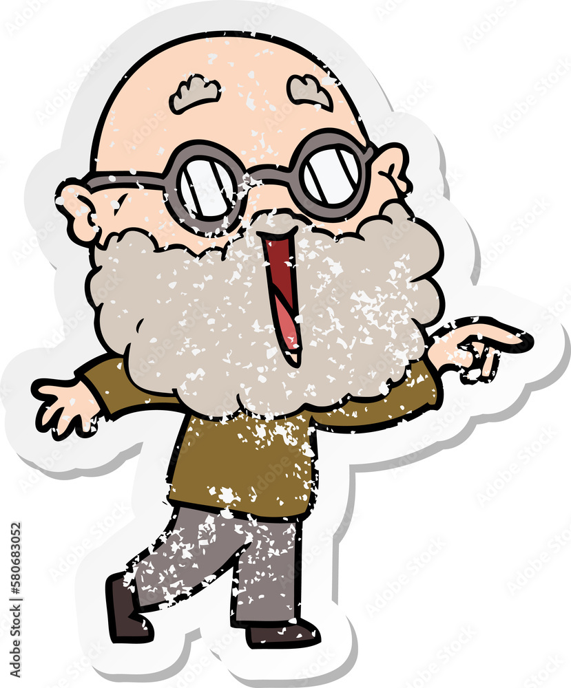 distressed sticker of a cartoon joyful man with beard pointing finger distressed sticker of a cartoon joyful man with beard pointing finger