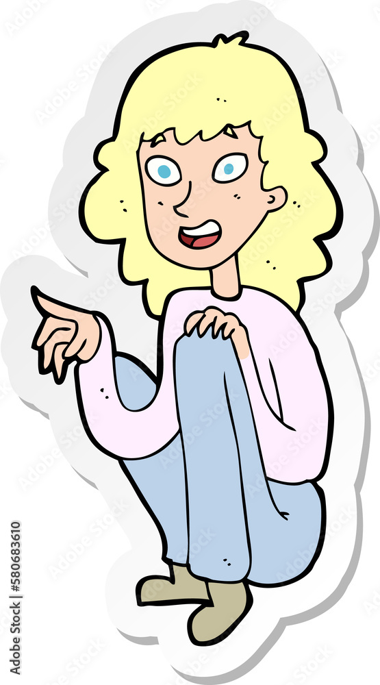 sticker of a cartoon happy woman sitting and pointing sticker of a cartoon happy woman sitting and pointing