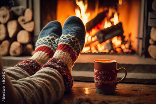 Feet in Woollen Socks by the Christmas Fireplace