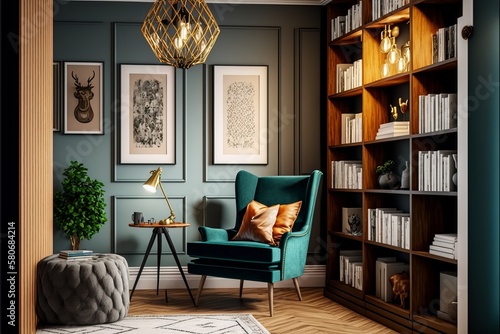 Stylish interior of living room with design leather armchair, wide and cross angle, carpet decor in home decor