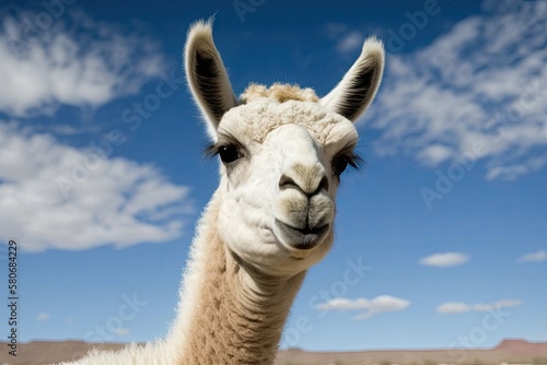 A picture of a lama outside looking at the camera. Side view of the animal's head up close against the blue sky. Generative AI