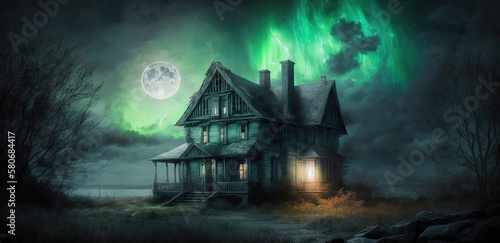 Haunted mansion on a hill, evil spiritual green aurora emanating from house, dark scary halloween night, spooky window lights, dead tree silhouettes, foggy haze - generative AI.