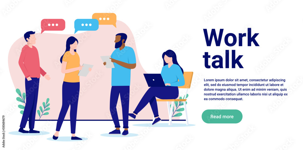 Work talk - People in office talking and having conversation together while working. Flat design vector banner with copy space for text