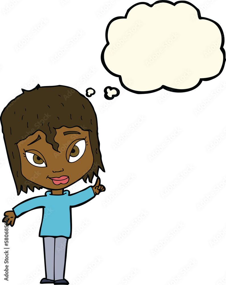 cartoon woman with idea with thought bubble cartoon woman with idea with thought bubble